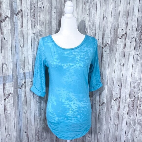Roxy Burnout Tee | 3/4 Sleeve | Aqua Blue | Medium | Scoop Neck Top | Women's - Picture 1 of 13